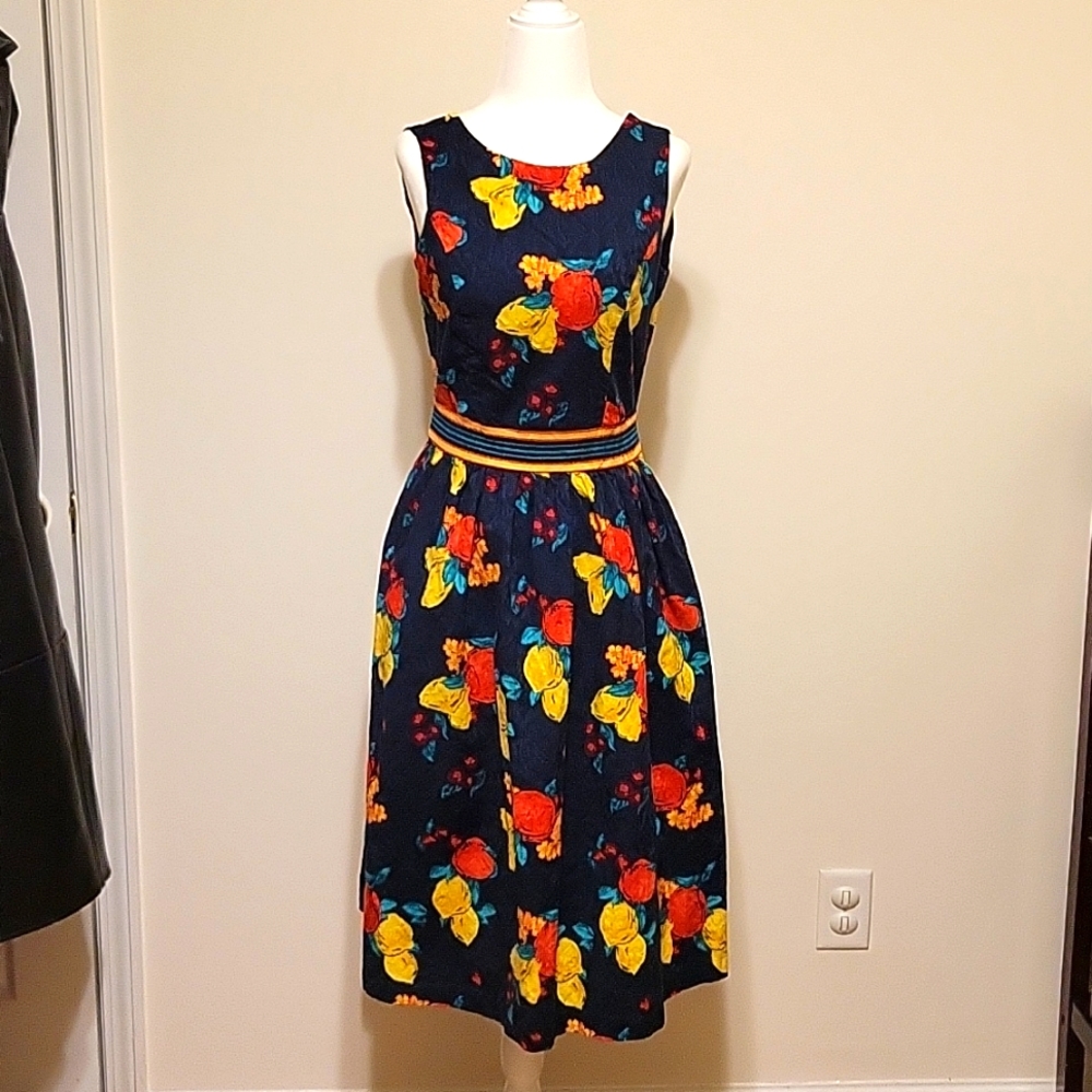 Eva Mendes Julianne Navy Blue Fruit Print Dress